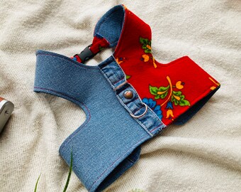 Handmade Dog Harness (Denim and Flannel Fabric)/ Valentine's Day Gift /Gift For Her