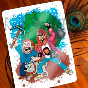 May include: A cartoon illustration of two men and a dog. One man holds a pickaxe, the other carries weights. The dog wears a collar. The background features a green tree and blue paint splatters.