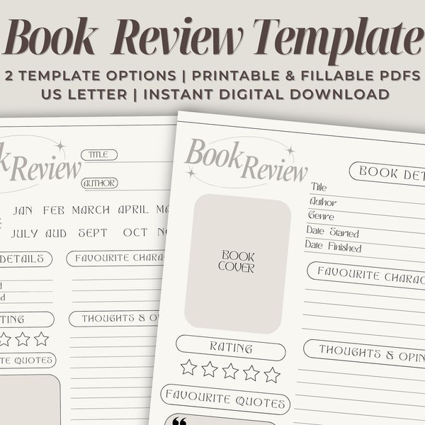 Book Review Template | Printable & Fillable Reading Tracker Review Sheet | US Letter Size PDF | 4 Files Included