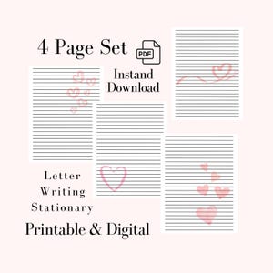 Pode incluir: Um conjunto de quatro páginas de papelaria pautadas com ilustrações de corações rosa. O texto inclui "4 Page Set", "Instant Download", "Letter Writing Stationary" e "Printable & Digital". As páginas têm um fundo rosa claro.