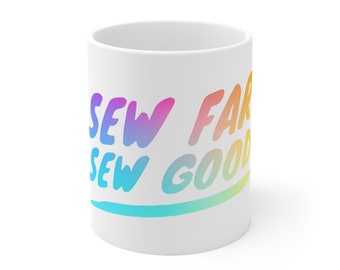 Sew Far Sew Good sewing mug, rainbow, 11 oz, gift for quilter sewer