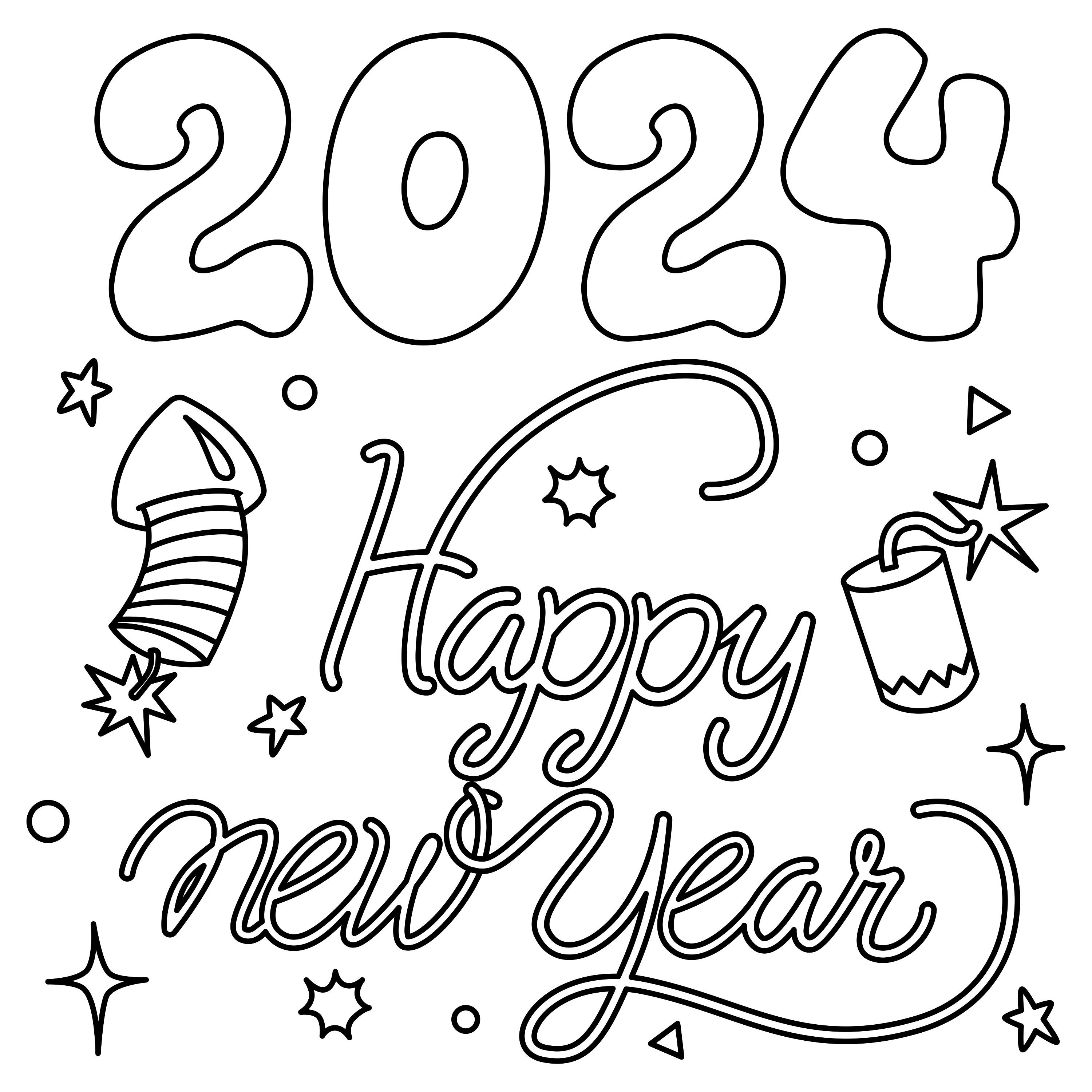 Happy New Year 2024 Coloring Pages, Happy New Year Coloring Pages, New