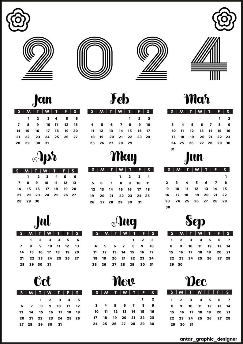 2024 Calendar 2024 Yearly Calendar Printable 2024 Wall Calendar 2024