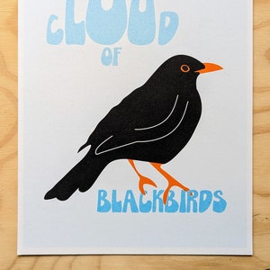 Peut inclure: Une illustration bleue et blanche d'un nuage avec le texte "A Cloud of Blackbirds" en dessous. Un oiseau noir avec un bec et des pattes orange se tient sur le texte.