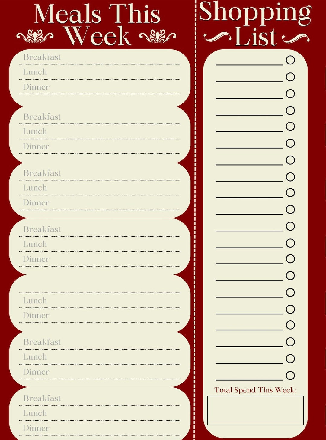 Easy to Use Meal Planner & Shopping List for Personal Use. - Etsy