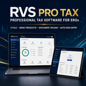 May include: A laptop and a tablet displaying the RVS PRO TAX software interface. The screen shows a dashboard with return status, e-file progress, and client overview, alongside a document upload page with a list of recent files and status.
