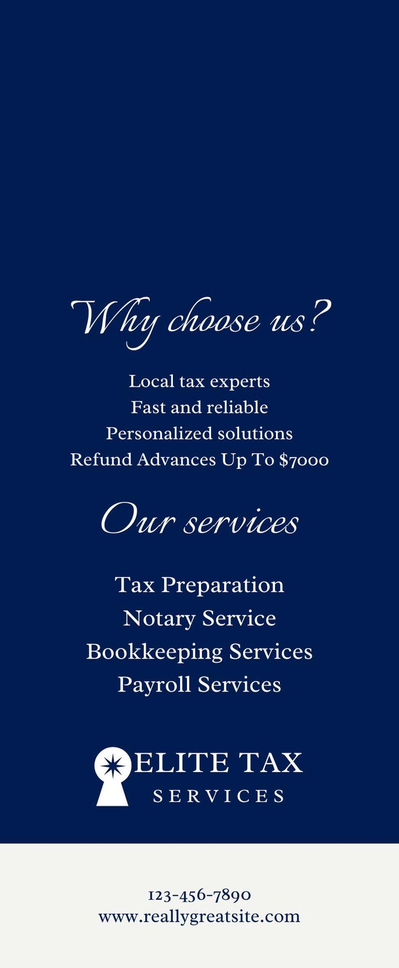 May include: Blue and white business card with the text "Why choose us?" and a list of services offered by Elite Tax Services. The phone number 123-456-7890 and website www.reallygreatsite.com are also included.