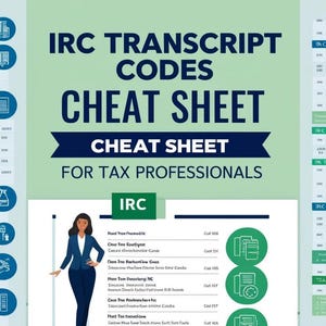 Può includere: Un cheat sheet per i professionisti fiscali con un elenco di codici di trascrizione del codice delle entrate interne (IRC). Il cheat sheet è illustrato con una donna in completo blu in piedi accanto a un bastone bianco. Il cheat sheet è diviso in sezioni con diversi codici IRC, come IRC Code Brief, IRC Transcript Issue Codes, IRC Transcript Care Codes e Tax Transcript Codes.