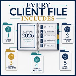 May include: A Tax Year 2026 practice returns workbook with a spiral binding, displayed open to show five steps: intake sheet, interview notes, source documents, prepare the return, and quality review, surrounded by five corresponding file folder icons.