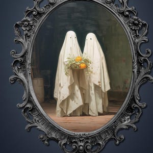Süßer Geist Paare Poster Wandkunst, süßer Halloween Geist gruselige Gothic druckbare, Sheeted Ghost Kunstdruck, romantische Dark Academia Raumdekor