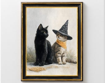 Decoración de pared vintage de gatos de Halloween, ilustraciones de gatos de Halloween, decoración de gatitos espeluznantes, arte de pared espeluznante para el hogar para amantes de los gatos, descarga digital
