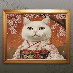 Impression de chat en fleurs de kimono, impression d'art mural fleurs de cerisier, impression d'art mural chat kimono, décoration murale féline de printemps, décoration imprimable chat mignon