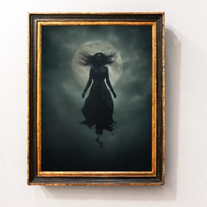 Halloween Witch Wall Art Print | Woman Levitating, Dark Academia Decor, Witchy Home Decor, Flying Witch Painting, Moody Halloween Prints