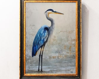 Great Blue Heron Art Print, Coastal Bird Decor, Beach Home Wall Art, Nature Scene, Bird Poster, Nautical Oil Painting, Digital Download