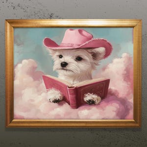 Dog Cowgirl Print, Cute Poodle Art, Cowgirl Hat Print, Cowgirl Home Decor, Dog Reading Book Art, Girly book Wall Art Decor, Trendy Wall Art