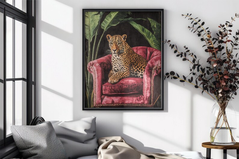 Pink leopard wall art, Trendy Wall Art, Vintage Black Puma Print, Pink Maximalist Print, Dark Boho Wall Art, Maximalist leopard Print image 4