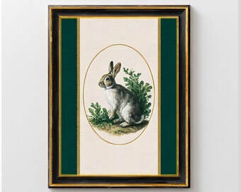 Lámina vintage de conejo marrón / Arte mural imprimible de conejo a rayas / Decoración de primavera para el hogar con conejos / Decoración de pared para habitación infantil con conejos / Obra de arte de Pascua