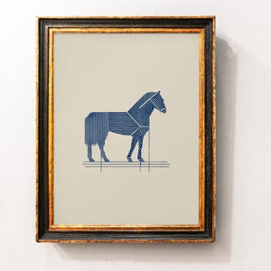 Abstract line Art Print, Horse Line Art Drawing, Line Wall Art, Vintage Home Wall Art, Minimal Blue Line Sketch, Modern Living Room Decor