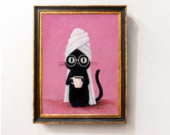 Silly Black Cat Coffe Art Print, Funny Cat Kitchen Art Decor, Funny Black Cat Painting, Black Cat Decor, Cute Cat Wall Art, Digital Cat Art