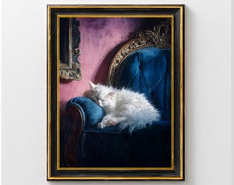 Lámina artística de gato blanco durmiendo, decoración de gato en el sofá, arte de pared moderno, lámina imprimible de animales adorables, obra de arte para el hogar, la oficina o el dormitorio.