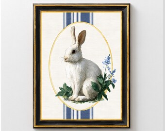 Lámina artística vintage de conejo blanco / Cuadro imprimible de conejo con rayas azules / Decoración de primavera para el hogar / Decoración de pared para habitación infantil con conejos / Obra de arte de Pascua