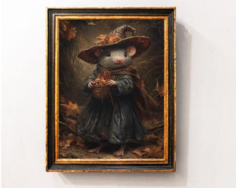 Halloween witch rat vintage Wall Art, Halloween mouse dark academia print, farmhouse decor, vintage poster, rustic printable, fall poster