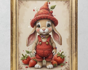 Cute Summer Bunny vintage  Wall Art Print, Spring Rabbit Printable Wall Art, Easter Bunny Print Cute Easter Rabbit, Antique Bunny Painting