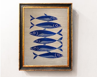 Blue Ink Sardine Striped Oil Painting Wall Art Print, Stripes Trendy Aesthetic Kitchen Art, Sardine Kitchen Art, Antique Fish Art Printable