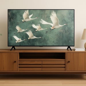 Flying Cranes wall art Print, Vintage Bird Prints, Antique Japanese Wall Art, Green Decor, Japanese Style Artwork, Boho Bird Wall Decor image 4