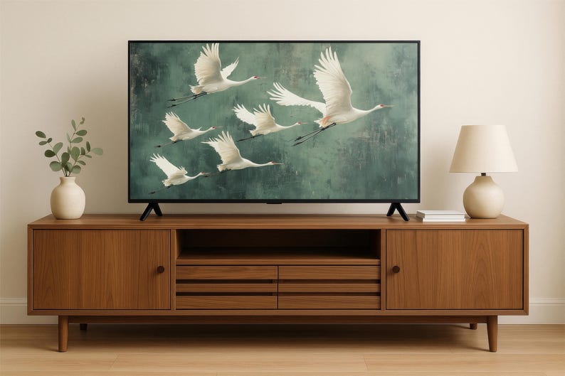 Flying Cranes wall art Print, Vintage Bird Prints, Antique Japanese Wall Art, Green Decor, Japanese Style Artwork, Boho Bird Wall Decor image 4