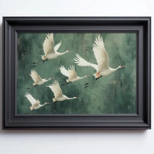 Flying Cranes wall art Print, Vintage Bird Prints, Antique Japanese Wall Art, Green Decor, Japanese Style Artwork, Boho Bird Wall Decor image 1