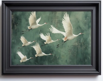 Flying Cranes wall art Print, Vintage Bird Prints, Antique Japanese Wall Art, Green Decor, Japanese Style Artwork, Boho Bird Wall Decor