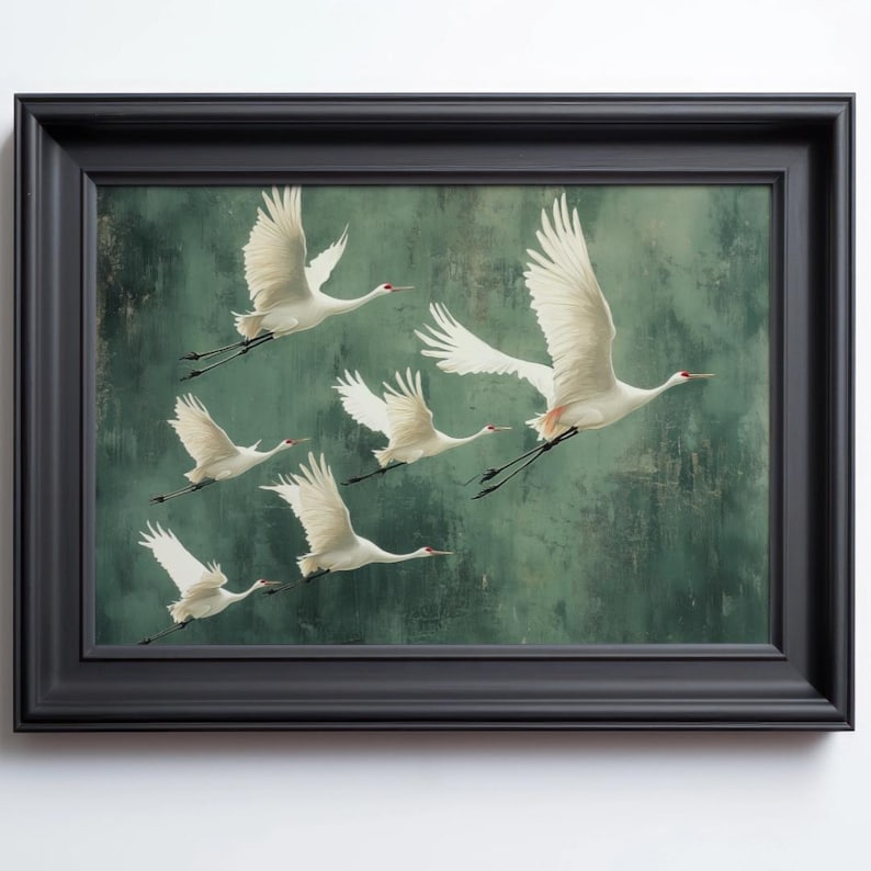 Flying Cranes wall art Print, Vintage Bird Prints, Antique Japanese Wall Art, Green Decor, Japanese Style Artwork, Boho Bird Wall Decor image 1