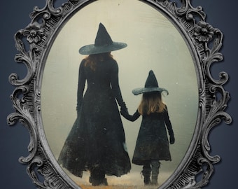 Witch And Daughter Wall Art Print, Halloween Witch Painting, Dark Academia Decor, Woman Halloween, Witchy Home Decor, Moody Halloween Prints