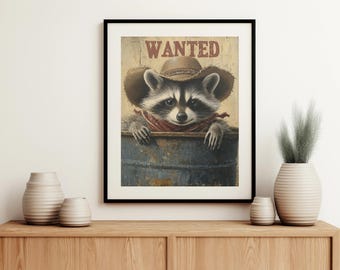 Impresión vintage de mapache vaquero en un basurero, arte divertido de mapache, póster de mapache buscado, arte de pared peculiar de mapache, arte de animales vaqueros