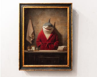 Funny Shark Bathroom Wall Art Print, Ocean Art Painting, Marine Life  Antique Art, Beach House Decor, Funny Bathroom  Tub Wall Decor