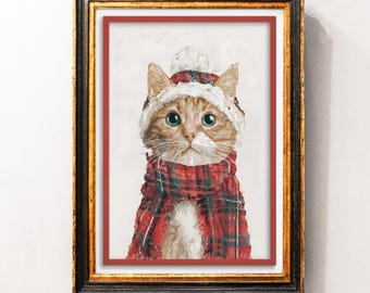 Festive Christmas Cat Art Print – Holiday Wall Decor, Digital Download, Quirky Xmas Poster