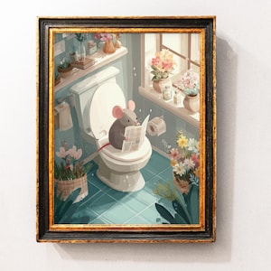 May include: Framed art print depicting a gray mouse reading a newspaper while seated on a toilet. The bathroom scene includes a window with flowers, a shelf with decor, and a teal tiled floor. The frame is black with gold trim.