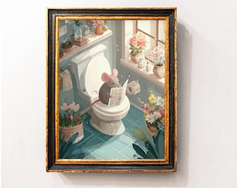 Mouse Reading Wall Art Print, Funny Mouse Bathroom Art, Mouse Wall Decor, Book Lover Gift, Kids Room Art, Cute Mouse print, Mouse Wall Decor