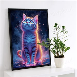 Cute Cat Sitting On Water Art Print | Vibrant cat Wall Decor | Cat Owner Gift | Adorable cat Home Decoration