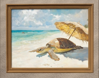 Sea Turtle Print, Turtle on The Beach Painting, Bathroom wall Art, Beach House Decor, Vintage Coastal Bathroom Wall Art, Tropical Wall Art