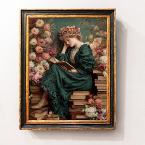 Woman With Leopard Boots Reading Art Print, Library Wall Art, Antique Wall Decor, Vintage Books Oil Painting, Victorian Painting