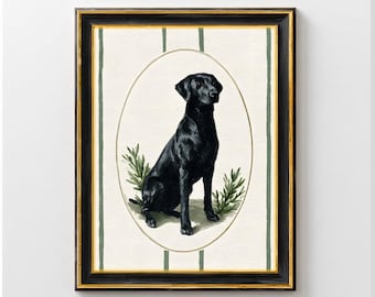 Lámina artística de Labrador negro a rayas, decoración de animales de granja, cuadro de Labrador negro para pared, pintura para habitación infantil de perro, arte mural de perro negro, arte digital