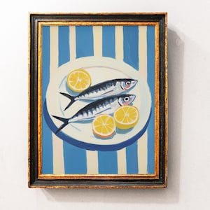 Sardines and Lemons Striped Oil Painting Wall Art Print, Sardine Kitchen Art, Still Life Antique Art, Vintage Fish Wall Print, Kitchen Decor