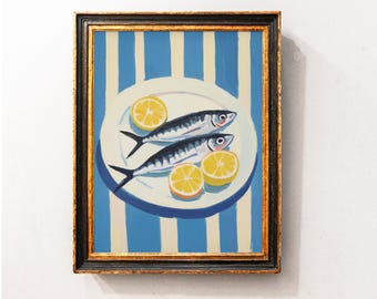 Sardines and Lemons Striped Oil Painting Wall Art Print, Sardine Kitchen Art, Still Life Antique Art, Vintage Fish Wall Print, Kitchen Decor