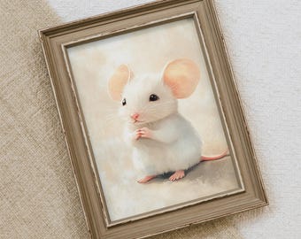 Impression de souris blanche mignonne, art de chambre de bébé de souris, décoration de chambre de filles de vintage, décoration de chambre d'enfant d'animal mignonne, art animalier lunatique, oeuvre d'art de souris adorable