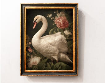 Boho Swan Wall Art Painting, Vintage Farmhouse Bird Decor, Moody Natural Animal Art Print, Digital Still Life Swan Picture