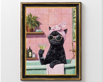 Funny Black Cat Bathroom Martini Print, Silly Cat Poster, Cat Artwork, Black Cat Room Decor, Playful Cat Print, Decor For Bars And Bathrooms