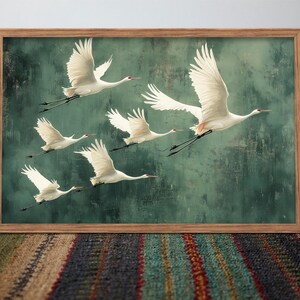 Flying Cranes wall art Print, Vintage Bird Prints, Antique Japanese Wall Art, Green Decor, Japanese Style Artwork, Boho Bird Wall Decor image 3