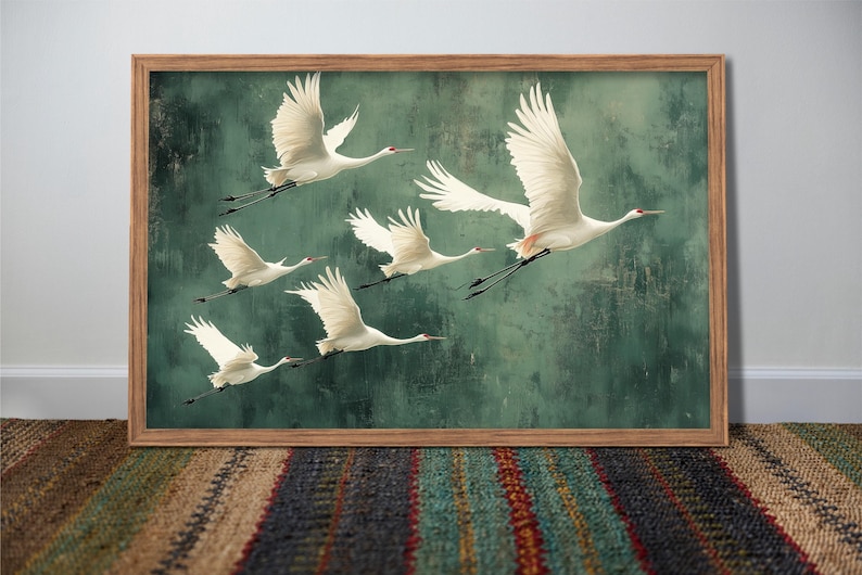 Flying Cranes wall art Print, Vintage Bird Prints, Antique Japanese Wall Art, Green Decor, Japanese Style Artwork, Boho Bird Wall Decor image 3